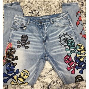 Crysp Denim Men's Ethmoid Embroidered Skulls Paint Skinny Fit Denim Jeans Sz 36